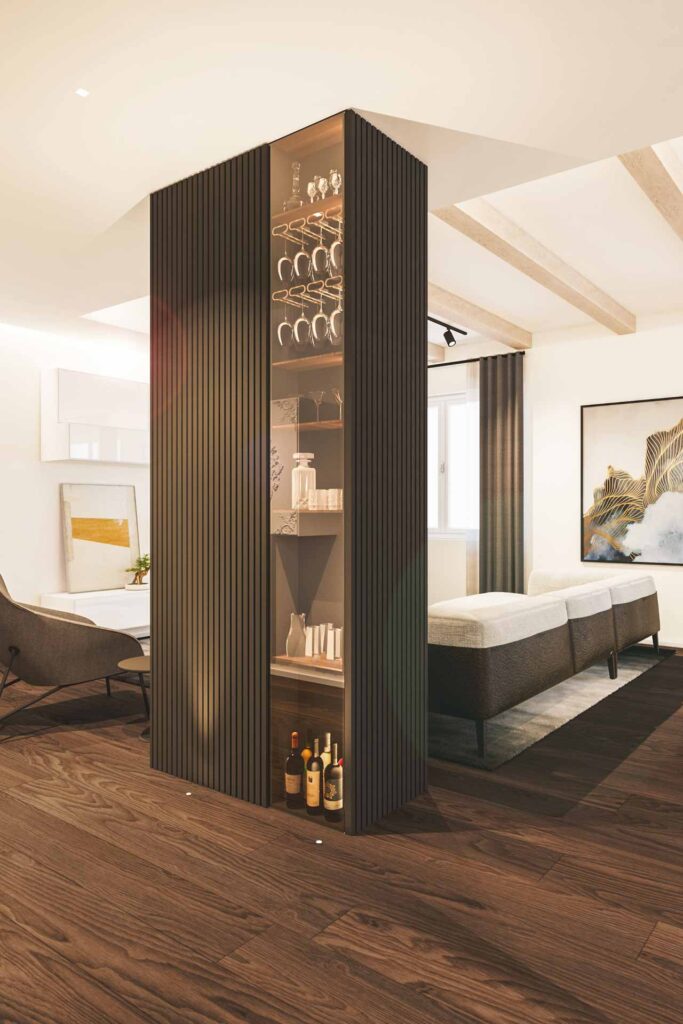 Boiserie listelli legno pilastro ingresso