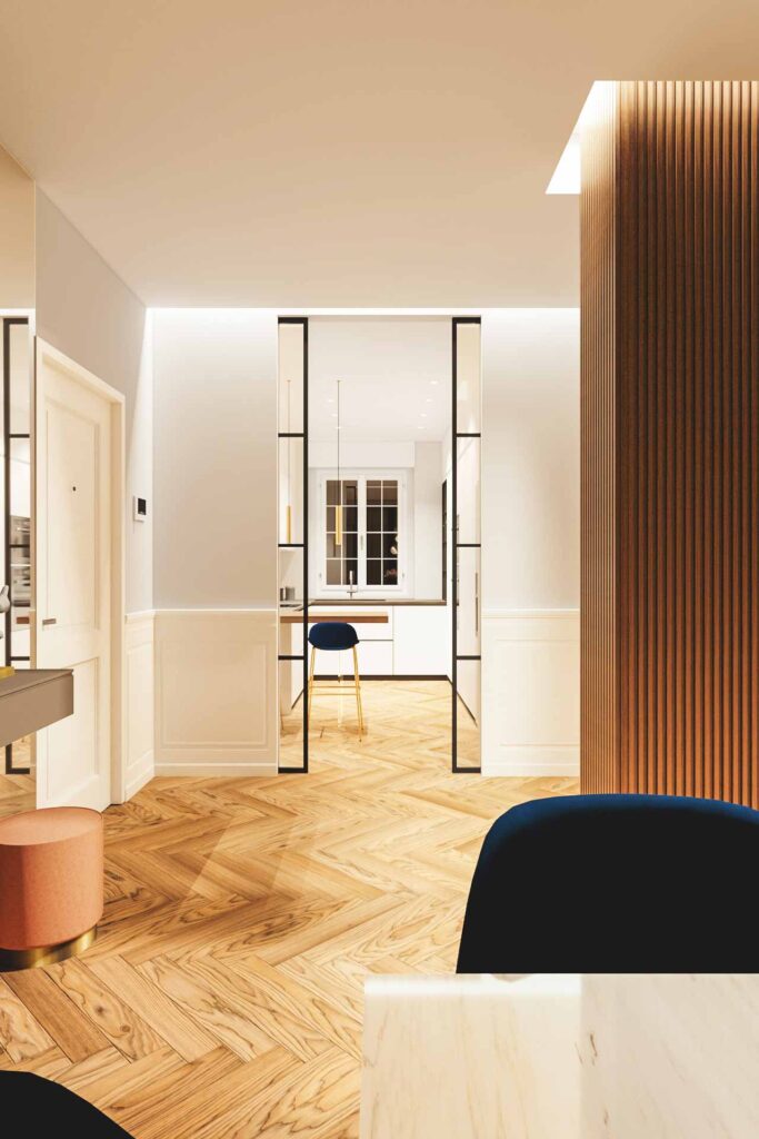 Rivestimento pilastro illuminazione listelli legno